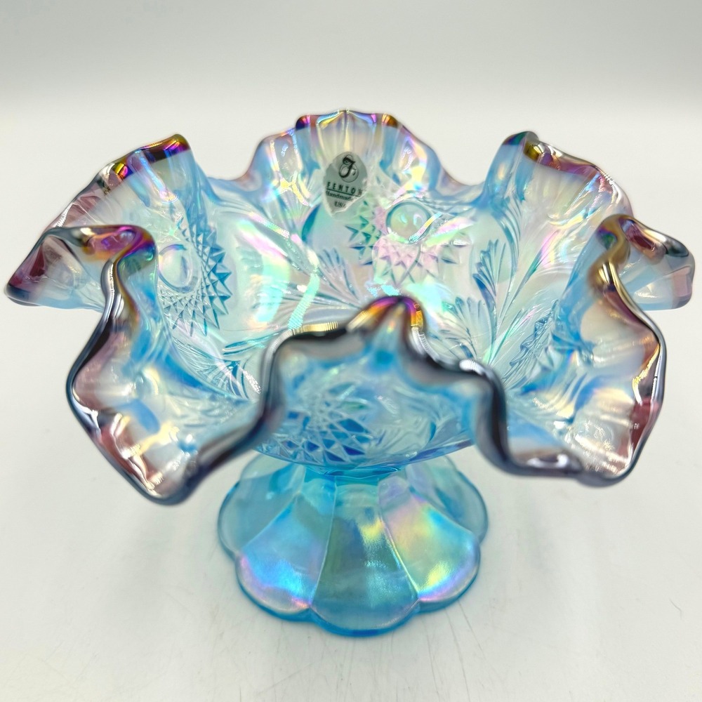 Fenton Iridescent Blue Carnival Glass Ruffled Compote Purple Rim Starburst 1990s